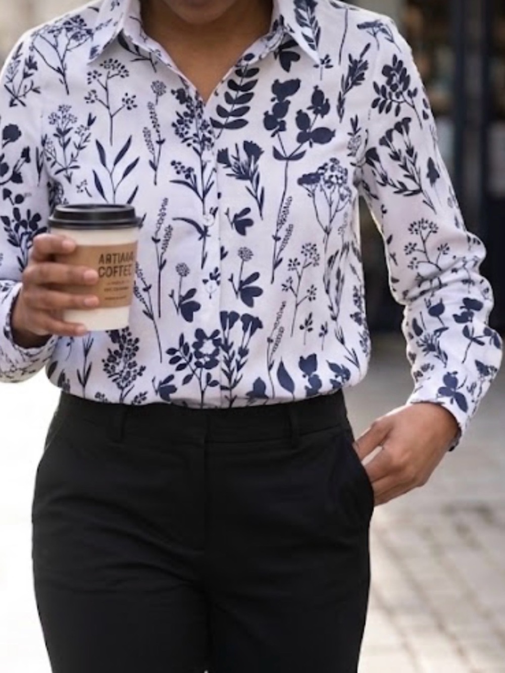 Women's White Button-Down Shirt with Black Floral Silhouette Print